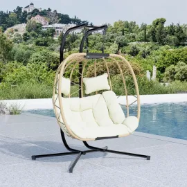 Double Swing Egg Chair with Stand, Oversized 2 Person Indoor Outdoor Wicker Patio Basket Hanging Chair with Beige, Customized