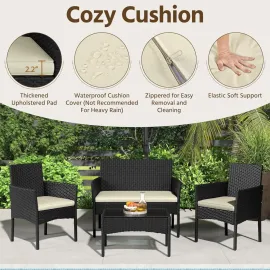 Patio Furniture Set 4 Pieces Conversation Sets, Rattan Chair Wicker Set Loveseat with Soft Cushion and Glass Table, Customized