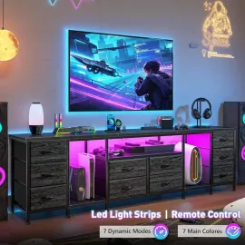 75, 80, 85 Inch TV Stand, with 10 Fabric Drawers, 75.5 W Entertainment Center with LED Lights & Power Outlets, TV Stands
