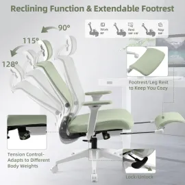 Foldable Office Chair with Footrest, Ergonomic Office Chair with Adjustable Lumbar Support, Headrest and Armrests, Green
