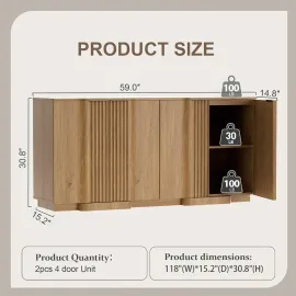 Buffet Cabinet with Storage, 118 Accent Sideboard Modern Credenza Set of 2 with Doors & Adjustable Shelves Fluted Media