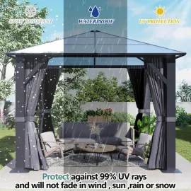 10'x10' Hardtop Gazebo, Outdoor Polycarbonate Roof Gazebo, Heavy Duty Metal Permanent Pavilion with Curtains & Netting