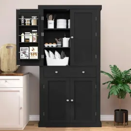 72” Kitchen Pantry Cabinet, Tall Storage Cabinet with 4 Doors and 1 Drawer, Freestanding Cupboard with 6 Hanging Shelves