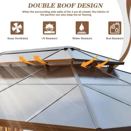 10' x 13' Gazebo Polycarbonate Double Roof Canopy Outdoor Aluminum Frame Pergola, Permanent Pavilion with Netting