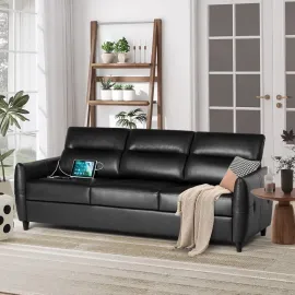 85” Black Faux Leather Couch with USB, 3 Seater Sofa Couches for Living Room, Large Mid Century Modern Office Apartment
