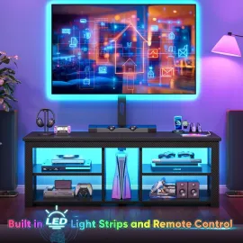 TV Stand with Mount and LED Lights Swivel TV Stand for 70 inch TV Modern Wood Entertainment Center with Power Outlet