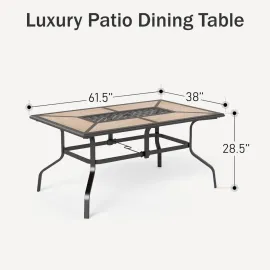 Outdoor Dining Table for 6, Rectangular Metal Wrought Iron Table with Polywood Tabletop and Umbrella Hole, Large Heavy