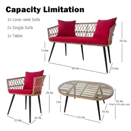 4 Piece Patio Furniture Set, Outdoor Conversation Set with Wicker Sofa, 2 Rattan Chairs and Glass Table, Patio, Customized