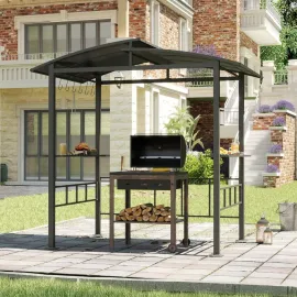 8x5 FT Hardtop Grill Gazebo, Outdoor Double-Tiered Barbecue Canopy with Vented Polycarbonate Roof, 2 Side Shelves