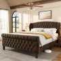 Sleigh Queen Bed Frame with Wingback Headboard, Chenille Upholstered Bed Frame Queen Size with Button Tufted Scroll, Customized