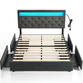 Full Size Bed Frame with 4 Storage Drawers and Charging Station, Full Bed with Led Lights, 2 USB & 1 Type C, Customized
