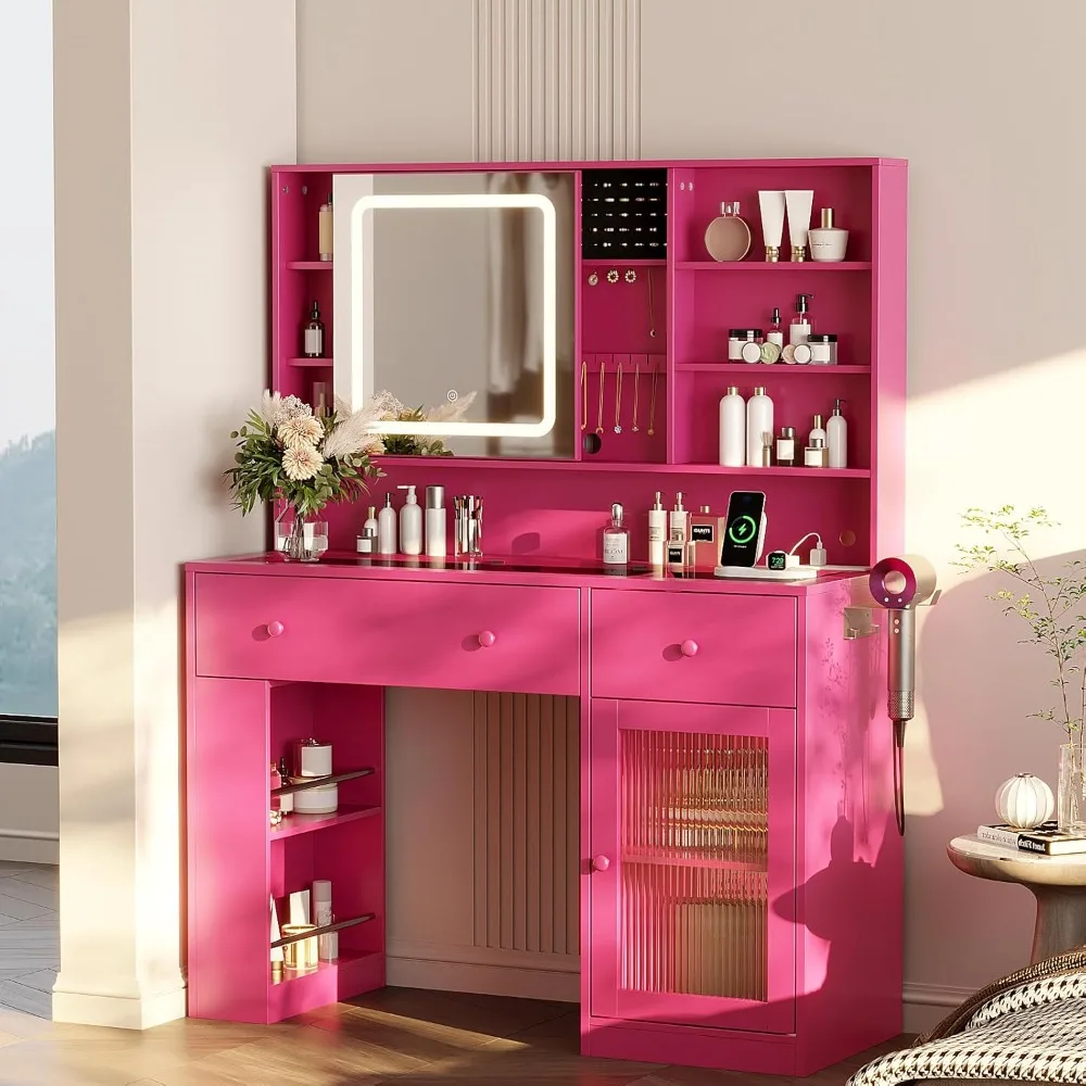 Vanity Desk with Sliding Mirror and Lights, Glass Top Makeup Vanity Table w/Glass Cabinets w/Hidden Jewelry Storage
