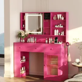 Vanity Desk with Sliding Mirror and Lights, Glass Top Makeup Vanity Table w/Glass Cabinets w/Hidden Jewelry Storage
