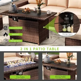 7 Piece Patio Furniture Set with 44 Inch Fire Pit Table Outdoor Wicker Parlor Set with Thick Cushions