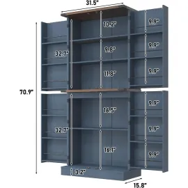 Farmhouse Kitchen Pantry Cabinet, 71 Tall Storage Cabinet with Adjustable Shelves & 4 Barn Doors & Drawer, Rustic Wood Cupboard