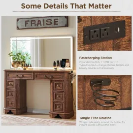 Makeup Vanity Desk with 48 HD Lighted Mirror, Farmhouse Vanity Desk with 8 Drawers, Vanity Table with 3 Color Modes