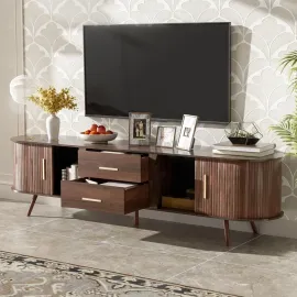 TV Stand, Mid Century Modern for TVs up to 75”, Fluted Entertainment Center, Media Console with Tambour Sliding Doors