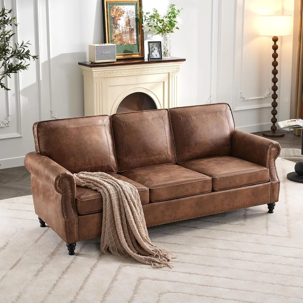 79-inch Living Room Faux Leather Sofa, Mid-Century Modern Sofa with Rolled Arms and Nailhead Trim for Small Spaces