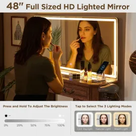 Makeup Vanity Desk with 48 HD Lighted Mirror, Farmhouse Vanity Desk with 8 Drawers, Vanity Table with 3 Color Modes