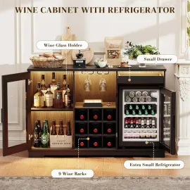 Coffee Bar Cabinet with Fridge (Fridge Included), Large Liquor Bar Cabinet with LED Lights, Glass Holder & Wine, Customized