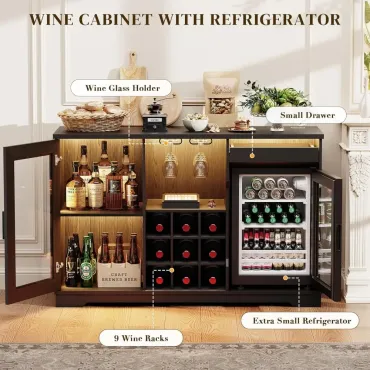 Coffee Bar Cabinet with Fridge (Fridge Included), Large Liquor Bar Cabinet with LED Lights, Glass Holder & Wine, Customized