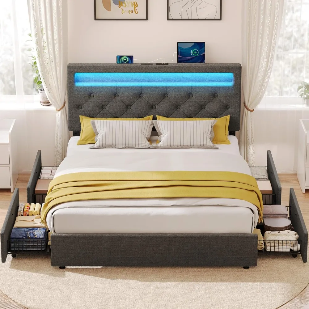 Full Size Bed Frame with 4 Storage Drawers and Charging Station, Full Bed with Led Lights, 2 USB & 1 Type C, Customized