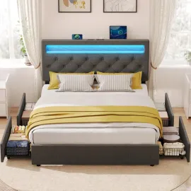 Full Size Bed Frame with 4 Storage Drawers and Charging Station, Full Bed with Led Lights, 2 USB & 1 Type C, Customized