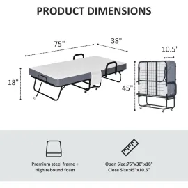 Folding Bed with Mattress,75X38 Twin Size Frame, Portable roll Away Bed with Memory Foam Mattress