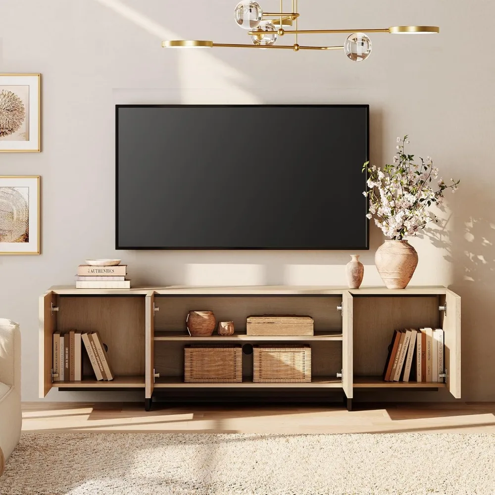 Modern TV Stand for 32-75 inch TVs, Wood Entertainment Center with Storage Cabinets, Media TV Console Table