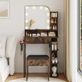 Small Makeup Vanity Desk with Mirror and Lights, Mini Vanity with Chair and Charging Station, 3 Color Lighting Modes