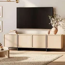 Modern TV Stand for 32-75 inch TVs, Wood Entertainment Center with Storage Cabinets, Media TV Console Table