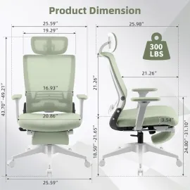 Foldable Office Chair with Footrest, Ergonomic Office Chair with Adjustable Lumbar Support, Headrest and Armrests, Green