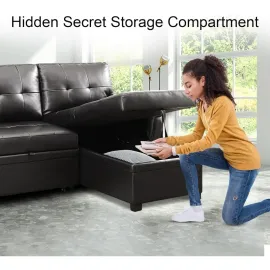 Modern Sectional Sofa, with Storage Chaise Black/Air Leather