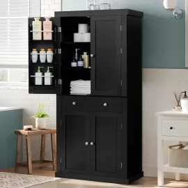 72” Kitchen Pantry Cabinet, Tall Storage Cabinet with 4 Doors and 1 Drawer, Freestanding Cupboard with 6 Hanging Shelves