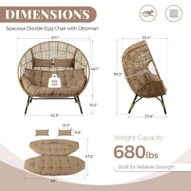 Double Egg Chair Indoor Outdoor 680lbs, 2 Person Brown Wicker Oversized Stationary Egg Chair with Brown Thick, Customized