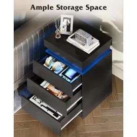 Black Nightstand with Charging Station & LED Lights, Modern Night Stand with 3 Drawers and Sliding Top, Bedside, Customized