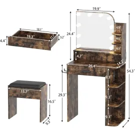 Small Makeup Vanity Desk with Mirror and Lights, Mini Vanity with Chair and Charging Station, 3 Color Lighting Modes