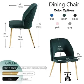 Modern Dining Chair Set of 2, Forest Green Velvet Fabric Upholstered Accent Chairs with Golden Metal Legs, Round Back Side Chair