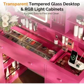 Vanity Desk with Sliding Mirror and Lights, Glass Top Makeup Vanity Table w/Glass Cabinets w/Hidden Jewelry Storage