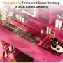 Vanity Desk with Sliding Mirror and Lights, Glass Top Makeup Vanity Table w/Glass Cabinets w/Hidden Jewelry Storage