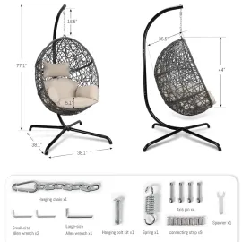 Oversized Hanging Egg Chair with Stand, Indoor Outdoor Grey Wicker Bird Cage Swing Chair, Patio Hammock Swinging, Customized