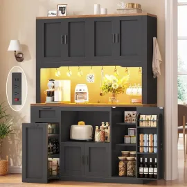 71 Pantry Cabinet with Charging Station and LED Light, Kitchen Pantry Cabinet with Microwave Stand, 47.2 Wide Kitchen