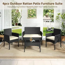 Patio Furniture Set 4 Pieces Conversation Sets, Rattan Chair Wicker Set Loveseat with Soft Cushion and Glass Table, Customized