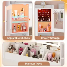 Makeup Vanity Desk with Mirror and Lights, White Large Vanity Desk with 7 Drawers & LED Jewelry Cabinet, Vanity Table