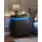 Black Nightstand with Charging Station & LED Lights, Modern Night Stand with 3 Drawers and Sliding Top, Bedside, Customized