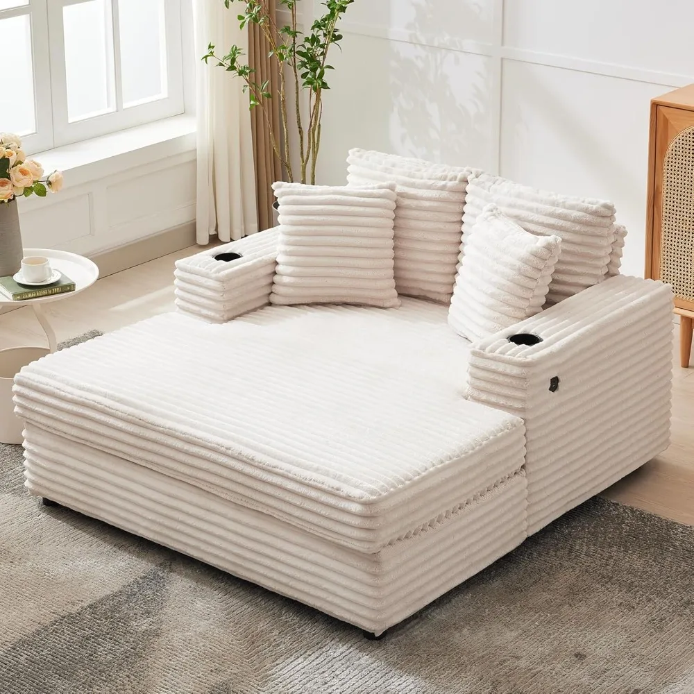 60 inch Oversized Chaise Lounge Chair Indoor, Upholstered Chaise Lounge with Cup Holder, Throw Pillows, Customized