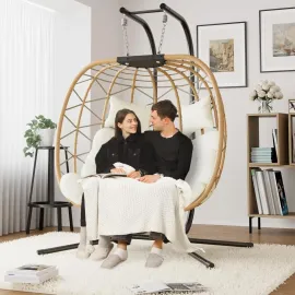 Double Swing Egg Chair with Stand, Oversized 2 Person Indoor Outdoor Wicker Patio Basket Hanging Chair with Beige, Customized