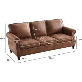 79-inch Living Room Faux Leather Sofa, Mid-Century Modern Sofa with Rolled Arms and Nailhead Trim for Small Spaces