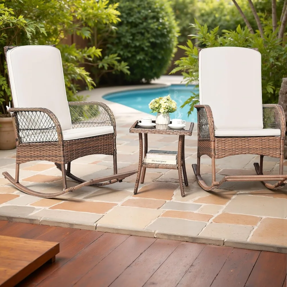 Outdoor Rocking Chairs 3 Piece Patio Furniture Set with Side Table & Cushions, Wicker Porch Rocker Bistro Set High, Customized