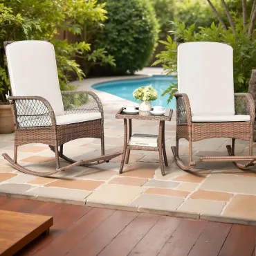 Outdoor Rocking Chairs 3 Piece Patio Furniture Set with Side Table & Cushions, Wicker Porch Rocker Bistro Set High, Customized